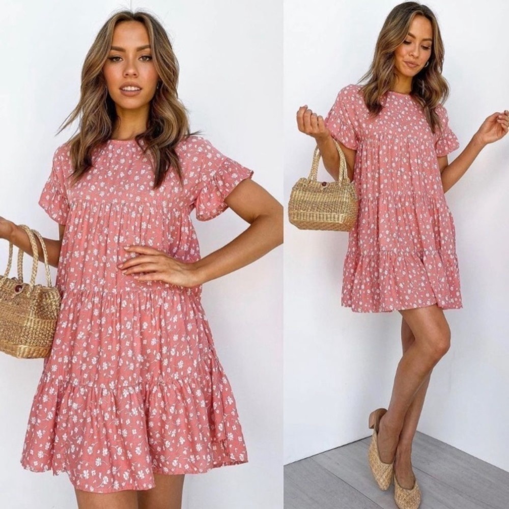 Petal And Pup Poppy Floral Tiered Baby Doll Mini Dress in Pink